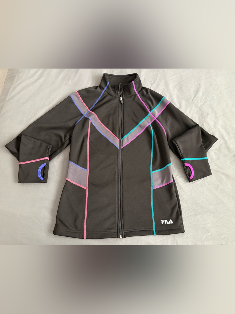 FILA Women’s Black Track Jacket with Neon Pink, Teal & Purple Piping - US Size L